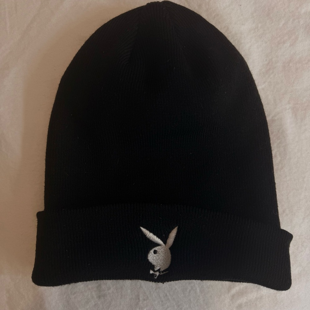 PLAYBOY x PACSUN Black Beanie with white Bunny Embroidered